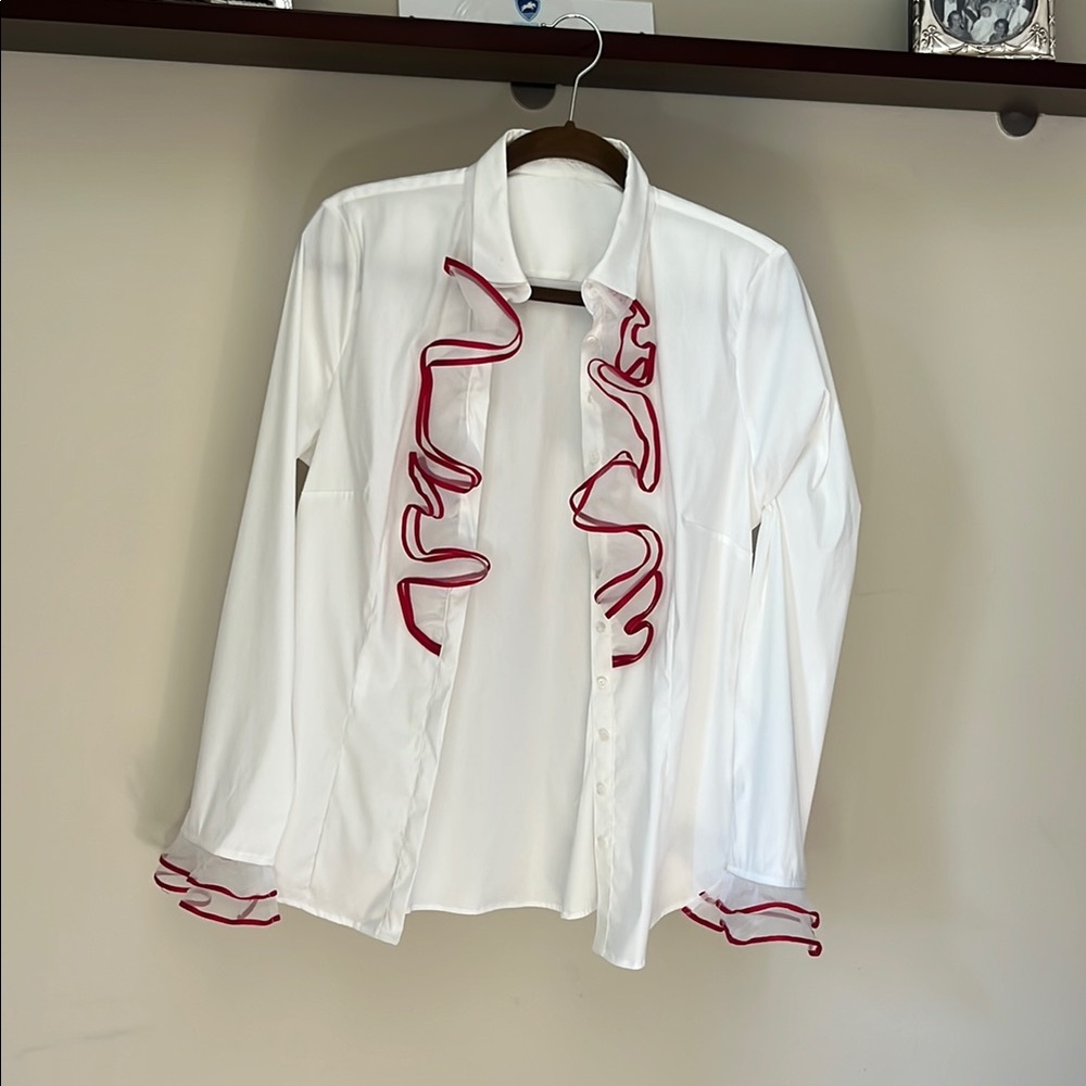Gorsuch White Shirt with Red Ruffle Trim